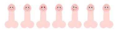 Penis emoji collection. Set of funny dicks with different emotions. Vector illustration