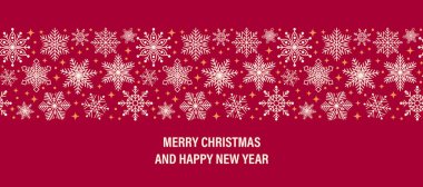Yatay bayram afişi Mutlu Noeller ve yeni yıl. Kar taneleri ve yıldızlardan oluşan zarif bir sınır. Vektör illüstrasyonu
