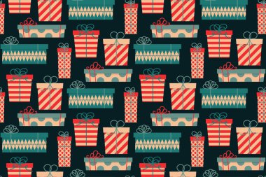 Renkli hediye kutularıyla kusursuz bir Noel deseni. Kumaş, tekstil, ambalaj kağıdı, kartlar, posterler için tatil baskısı. Vektör illüstrasyonu