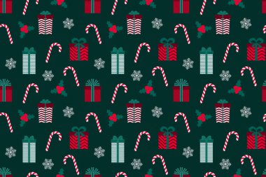 Hediye kutularıyla Noel tatili için kusursuz bir model. Kumaş, ambalaj kağıdı, tekstil, duvar kağıdı için tasarım. Vektör İllüstrasyonu