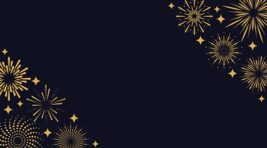 Karanlık bir arka planda havai fişeklerle süslü bir pankart. Kazanmak için tasarım, yeni yıl, yıldönümü kutlaması. Vektör illüstrasyonu