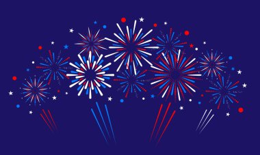 4 Temmuz 'da havai fişek gösterisi. Yıldızlı havai fişekler ve ABD 'nin bağımsızlığı şerefine kıvılcımlar. Amerika Birleşik Devletleri bayrağının renklerinde havai fişekler - beyaz, kırmızı, mavi. Vektör illüstrasyonu