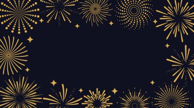 Altın havai fişekler ve arka planda yıldızlar. Yılbaşı bayrağı, doğum günü, festival, kazanmak. Vektör illüstrasyonu