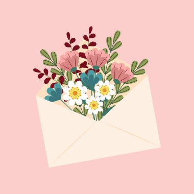 Zarfta çiçekler var. Sevgililer Günü için şablon kartpostal, Anneler Günü, Kadınlar Günü, Doğum günü. Vektör illüstrasyonu