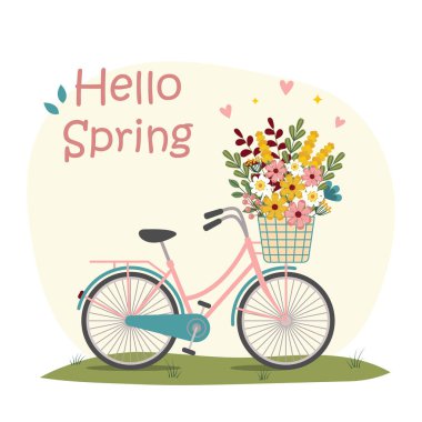Merhaba bahar tebrik kartı. Güzel bir buket çiçekli bisiklet. Vektör illüstrasyonu