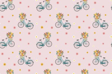 Bisiklet ve sepetteki yabani çiçeklerle kusursuz bahar deseni. Vektör illüstrasyonu