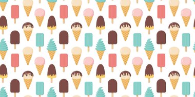 Farklı dondurmayla kusursuz desen. Tatlı yaz ikramları. Kumaş, duvar kağıdı, kartlar, posterler için düz stil tasarımı. Vektör illüstrasyonu