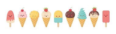 Kawaii dondurma karakterleri seti. Sevimli komik dondurma etiketleri koleksiyonu. Vektör illüstrasyonu