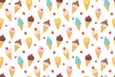 Farklı aromalı, çilekli ve vişneli dondurma külahlı hoş, pürüzsüz bir desen. Paketleme, kumaş, kıyafet, kartpostallar için tasarım. Vektör illüstrasyonu