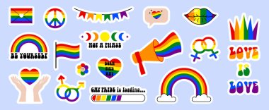 Mavi arkaplanda LGBT çıkartmaları var. Onur aylık rozetleri. Vektör illüstrasyonları