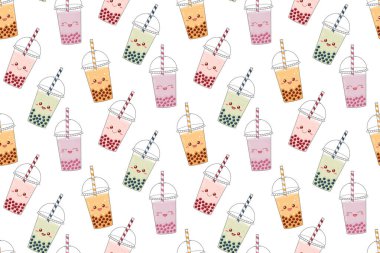 Köpüklü çay komik, pürüzsüz desen. Şirin Kawaii içki karakterlerine gülümsedi. Vektör illüstrasyonu
