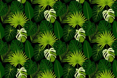 Tropikal yapraklarla akım kusursuz desen. Egzotik yaprakları ve orman yaprağı olan tropik desenli bir arka plan. Vektör illüstrasyonu