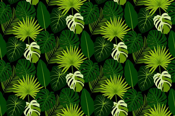 Tropikal yapraklarla akım kusursuz desen. Egzotik yaprakları ve orman yaprağı olan tropik desenli bir arka plan. Vektör illüstrasyonu