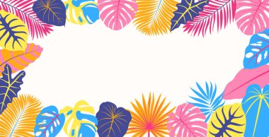 Merhaba Summer konsept tasarımı. Orman egzotik yapraklı çerçeve. Renkli bir yaz geçmişi var. Vektör illüstrasyonu