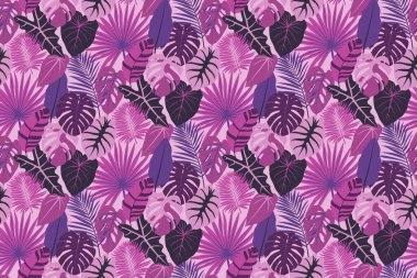 Parlak yapraklı, soyut, dikişsiz tropikal desen. Tropikal bitkilerle kusursuz egzotik desen. Vektör illüstrasyonu