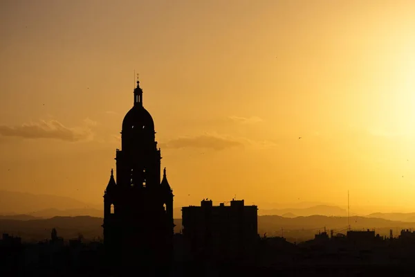 Zachód Słońca Murcji Wieżą Katedralną Tle — Zdjęcie stockowe
