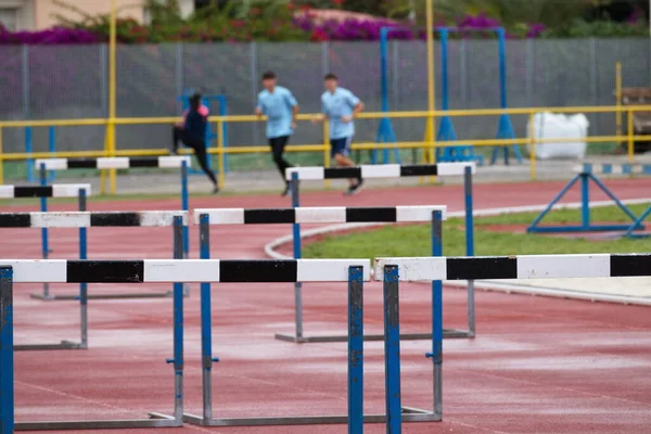 Synthetic Running Track Sporting Events Hurdles — Stock Photo, Image