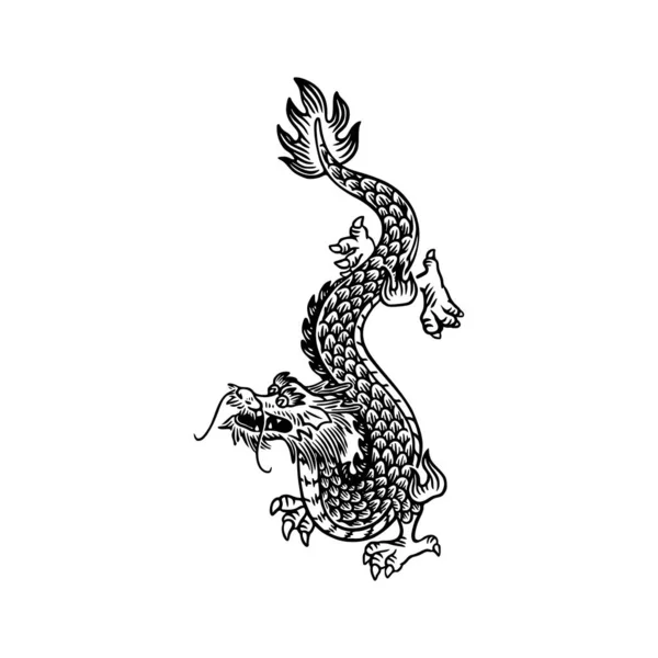 Hand Drawn Engraving Dragon Black White Traditional Dragon Zodiac Sign — Stock Vector