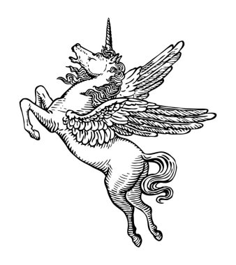 unicorn flying in sky. black and white illustration. clipart