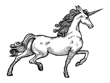 Tek boynuzlu at, eski oyma. vektör illüstrasyonu