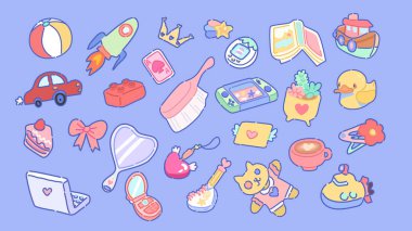 Çocuk oyuncakları için çıkartma koleksiyonu. Düz bir tarzda parlak oyuncaklar.