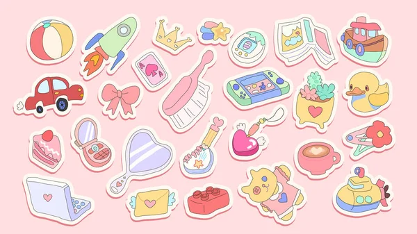 Çocuk oyuncakları için çıkartma koleksiyonu. Düz bir tarzda parlak oyuncaklar.