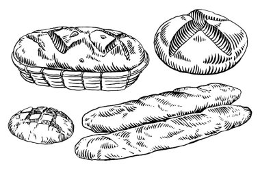 Ekmek ve fırın ürünleri vektör çizimi. El çizimi çizimi.
