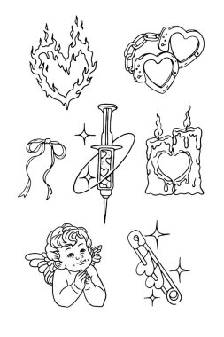 Dövme takımı. El çizimi vektör çizimi. Dövme stili. dövme, dövme, kalp ve aşk.