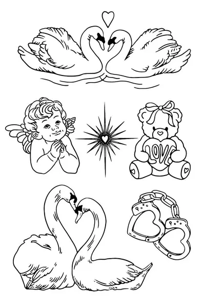 Aşk tanrısı, melek, aşk, kalp ve çiçek seti, vektör illüstrasyonu