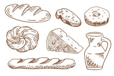 Bir sürü taze ekmeği olan fırın seti. Klasik el yapımı fırın elementleri seti.