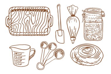 Pişirme ekipmanları. Yemek kitabı dekoru. El çizimi biçim vektör çizimi.