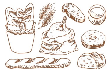 Bir sürü taze ekmeği olan fırın seti. Klasik el yapımı fırın elementleri seti.