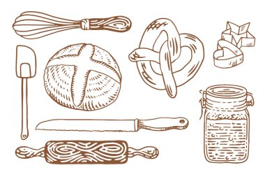 Pişirme ekipmanları. Yemek kitabı dekoru. El çizimi biçim vektör çizimi.