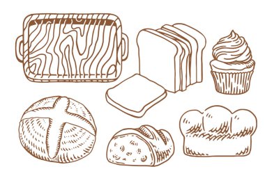 Bir sürü taze ekmeği olan fırın seti. Klasik el yapımı fırın elementleri seti.
