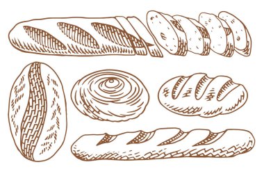 Bir sürü taze ekmeği olan fırın seti. Klasik el yapımı fırın elementleri seti.