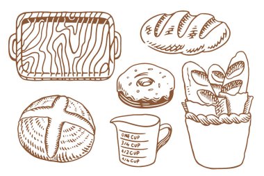 Bir sürü taze ekmeği olan fırın seti. Klasik el yapımı fırın elementleri seti.