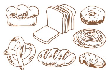 Bir sürü taze ekmeği olan fırın seti. Klasik el yapımı fırın elementleri seti.