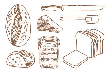 Pişirme ekipmanları. Yemek kitabı dekoru. El çizimi biçim vektör çizimi.