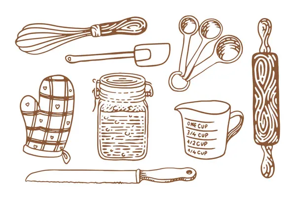 Pişirme ekipmanları. Yemek kitabı dekoru. El çizimi biçim vektör çizimi.