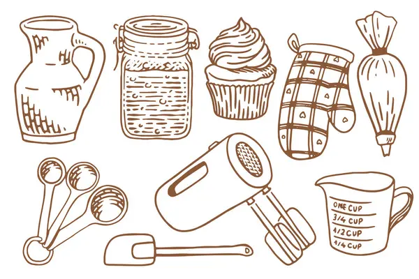 Pişirme ekipmanları. Yemek kitabı dekoru. El çizimi biçim vektör çizimi.