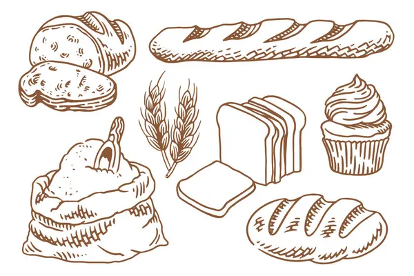 Bir sürü taze ekmeği olan fırın seti. Klasik el yapımı fırın elementleri seti.