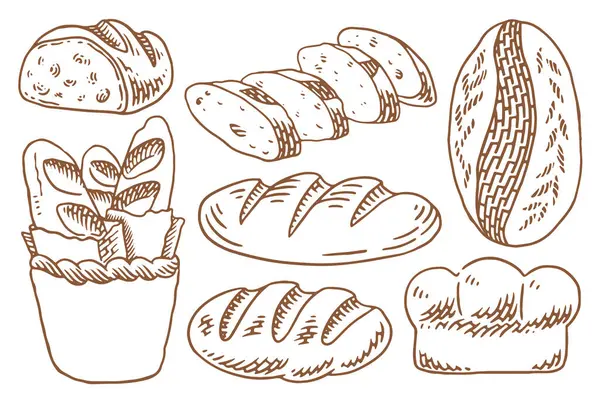 Bir sürü taze ekmeği olan fırın seti. Klasik el yapımı fırın elementleri seti.