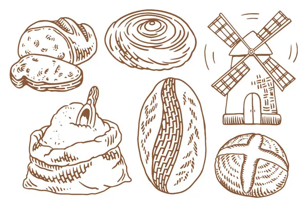 Bir sürü taze ekmeği olan fırın seti. Klasik el yapımı fırın elementleri seti.