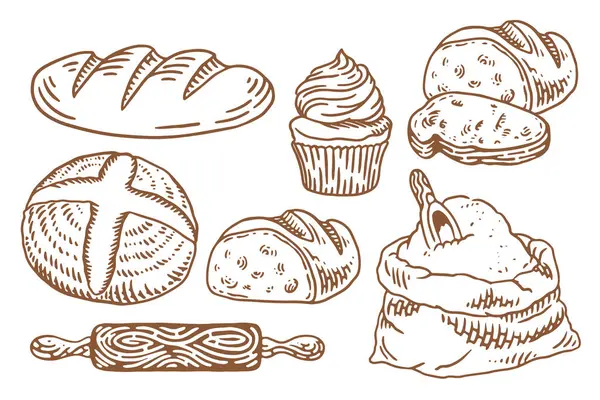 Bir sürü taze ekmeği olan fırın seti. Klasik el yapımı fırın elementleri seti.