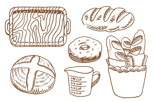 Bir sürü taze ekmeği olan fırın seti. Klasik el yapımı fırın elementleri seti.