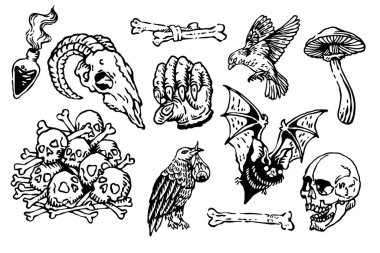 Elle çizilmiş kafatası ve mantarlar.