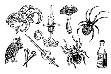 Cadılar Bayramı nesnelerinin el çizimi.