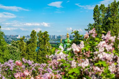 Botanik bahçesinin arka planında manastır ve Kyiv manzarası