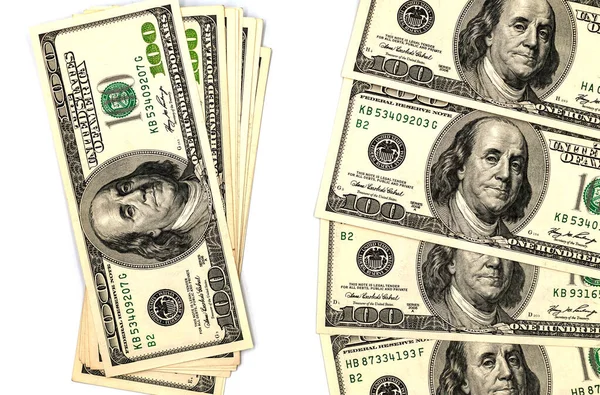 Billetes Cien Dólares Aislados Sobre Fondo Blanco — Foto de Stock