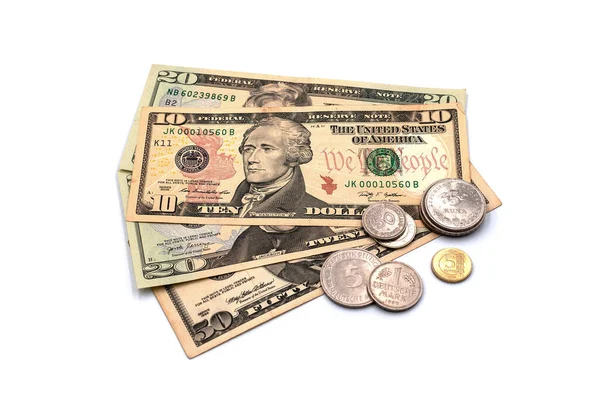 Billetes Monedas Dólares Americanos Sobre Fondo Blanco — Foto de Stock